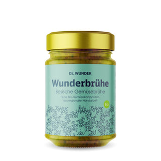 Dr. Wunder Wunderbrühe BIO – Glasglas mit goldenem Deckel und türkisem Etikett, basische Bio-Gemüsebrühe in Rohkostqualität