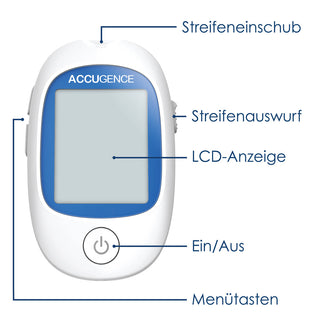 Accugence Messgerät Beschreibung mit Streifeneinschub, LCD-Anzeige, Ein/Aus und Menütasten