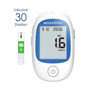 Accugence Keto-Blutcheck Messgerät mit KET-Teststreifen zeigt 1.6 mmol/L, inklusive 30 Streifen