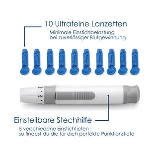 Stechhilfe mit 10 ultrafeinen Lanzetten und 5 einstellbaren Einstichtiefen für den Keto-Blutcheck