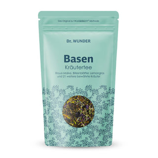 Dr. Wunder Basentee – mintgrüner Standbeutel mit rundem Sichtfenster und bunten losen Kräutern, 100g