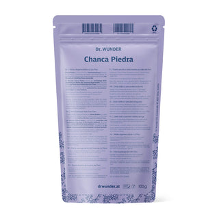 Chanca Piedra Kraut Rückseite – 100 g lavendelfarbener Standbeutel mit mehrsprachigen Produktinformationen
