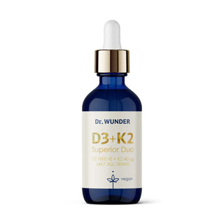 Dr. Wunder D3+K2 Superior Duo – dunkelblaue 30-ml-Tropfflasche mit Goldverschluss, D3 1000 IE + K2 MK7 All-Trans vegan