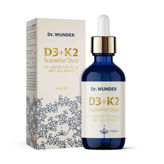 Dr. Wunder D3+K2 Superior Duo – blaue Tropfflasche neben cremefarbener Umverpackung mit Blütenmuster