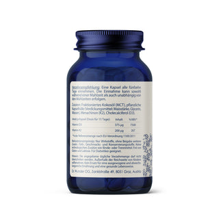 Vitamin D3+K2 Forte 15000 Seite – Nährwerttabelle mit 375 µg D3 und 200 µg K2 pro Kapsel, Adresse Dr. Wunder OG Graz