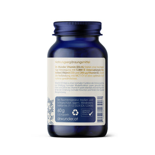 Vitamin D3+K2 Superior Duo Rückseite – dunkelblaue Flasche mit Zutatenliste, 120 Kapseln, 60 g, drwundero.shop