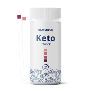 Dr. Wunder Keto-Check weisse Dose mit Farbskala und zwei Urin-Teststreifen daneben