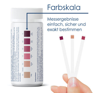 Keto-Check Farbskala zur Auswertung: Hand hält drei Teststreifen neben der Referenzskala