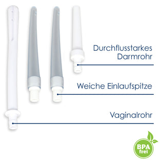 Drei BPA-freie Aufsätze: Durchflussstarkes Darmrohr, weiche Einlaufspitze und Vaginalrohr