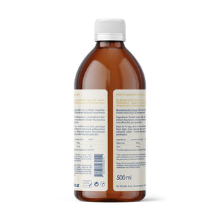Dr. Wunder SiliCell Plus 500 ml – Rückseite der braunen Glasflasche mit Inhaltsstoffen und Dosierungshinweisen