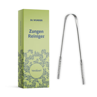 Dr. Wunder Zungenreiniger versilbert – Edelstahl-Reiniger mit grüner Verpackungsbox neben dem Gerät