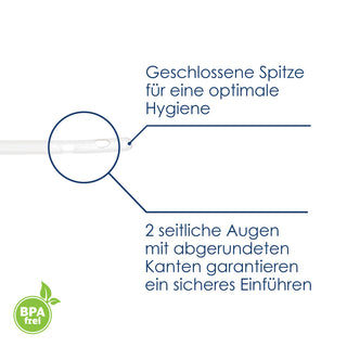 Premium Einlauf-Set Detail – geschlossene Spitze mit 2 seitlichen Augen für sichere und hygienische Anwendung