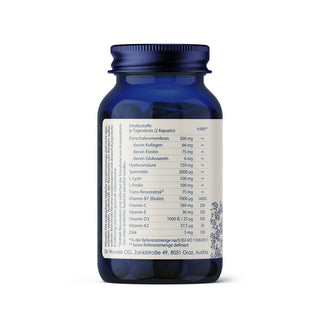 EverGlow Superior Kollagen Nährwertseite – blaue Glasflasche mit vollständiger Inhaltsstofftabelle