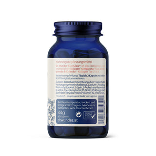 EverGlow Superior Kollagen Rückseite – dunkelblaue Glasflasche mit Zutaten- und Verzehrempfehlungstext