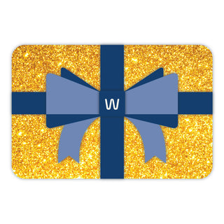 Dr. Wunder Geschenkgutschein mit goldglitzerndem Hintergrund und blauer Geschenkschleife mit W-Logo