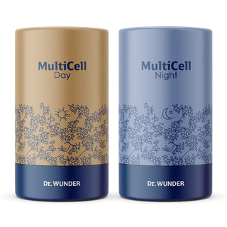 Dr. Wunder MultiCell Day und Night Dosen nebeneinander, goldene Tagesdose und blaue Nachtdose mit Kapseln