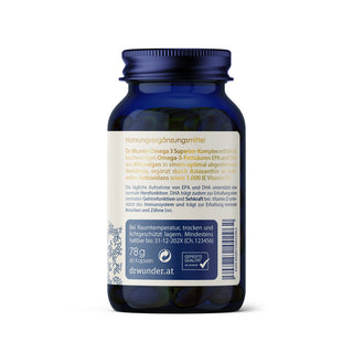 Dr. Wunder Omega 3 Glasflasche von rechts mit Produktbeschreibung und Qualitätssiegel