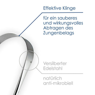 Dr. Wunder Zungenreiniger – Nahaufnahme der Klinge aus versilbertem Edelstahl, anti-mikrobiell