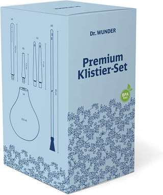 Dr. Wunder Premium Klistier-Set hellblaue Verpackungsbox mit Produktabbildung und BPA-frei Siegel
