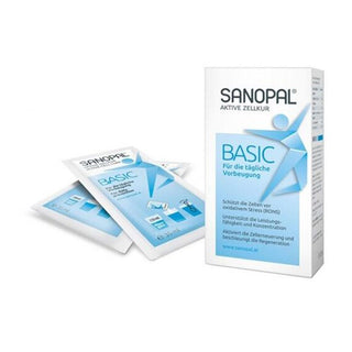 SANOPAL Basic Aktive Zellkur – weiß-blaue Faltschachtel mit drei Einzelsachet-Portionsbeuteln