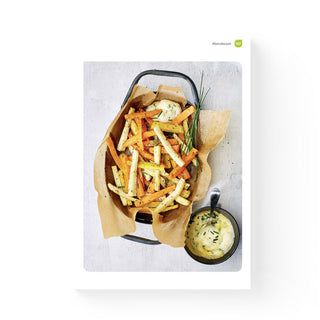 Innenseite Wunderleicht Fasten – Mittagessen-Seite mit Spiegelei, Kartoffelwedges und Rahmspinat auf weißem Teller