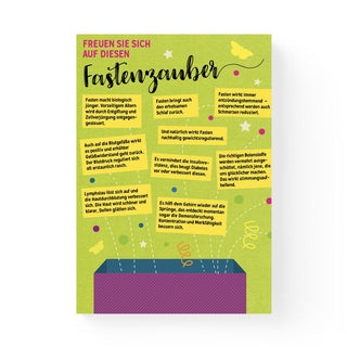 Innenseite Wunderleicht Fasten – grüne Info-Seite Fastenzauber mit acht illustrierten Vorteilen des Heilfastens