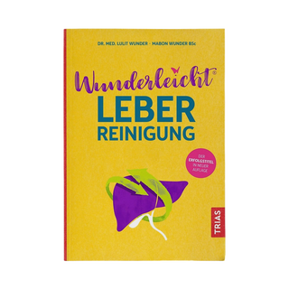 Wunderleicht Leberreinigung Buch – freigestelltes gelbes Cover mit lila Leber-Illustration, TRIAS Verlag