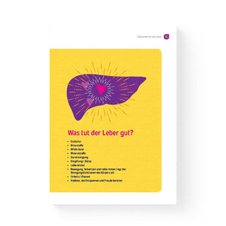 Wunderleicht Leberreinigung Buchseite – gelbe Illustration "Was tut der Leber gut?" mit Herz-Icon