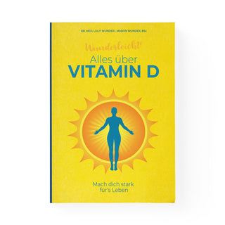 Alles über Vitamin D Buch – gelbes Cover mit Sonne und menschlicher Silhoütte, Autoren Dr. med. Lulit Wunder und Mabon Wu...