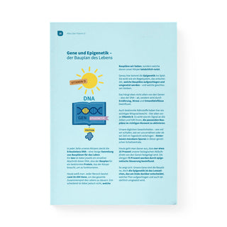 Buchseite Gene und Epigenetik – Illustration mit DNA-Strang und Sonnensymbol auf hellblauem Hintergrund