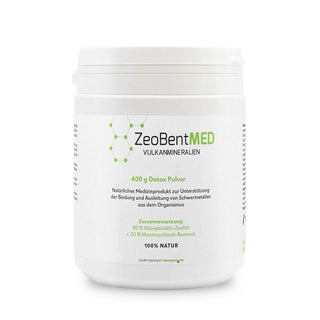 ZeoBentMED Natur-Zeolith-Bentonit 400g Detox Pulver – weißer Kunststoffbehälter mit grünem Logo