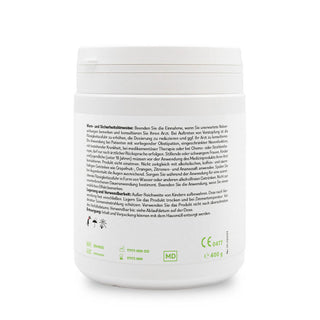 ZeoBentMED Zeolith-Bentonit 400g – Rückseite mit Warn- und Sicherheitshinweisen, CE-Kennzeichnung