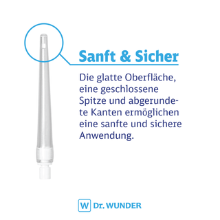 Detailbild einer Dr. Wunder Klistierspitze mit Infografik: Sanft & Sicher – glatte Oberfläche und abgerundete Kanten