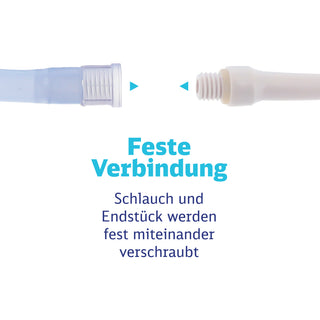 Feste Schraubverbindung zwischen Schlauch und Endstück des Klyso-Sets in Nahaufnahme