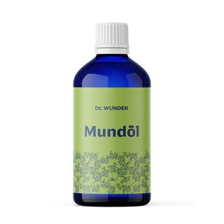 Dr. Wunder Mundöl blaue Glasflasche 100 ml mit grünem Etikett und weissem Schraubverschluss
