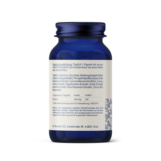 Vitamin C 7Quell Zutatenetikett – blaue Glasflasche mit Inhaltsstoffen, Pflanzenextrakten und Nährwerttabelle