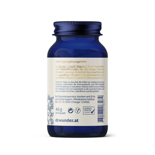 Vitamin C 7Quell Rücketikett – blaue Glasflasche mit Produktbeschreibung, 46 g / 60 Kapseln, drwundero.shop