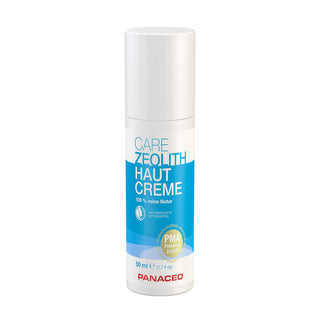 Panaceo Care Zeolith-Hautcreme 50ml – weißer Pumpspender mit blauem Label, 100% reine Natur